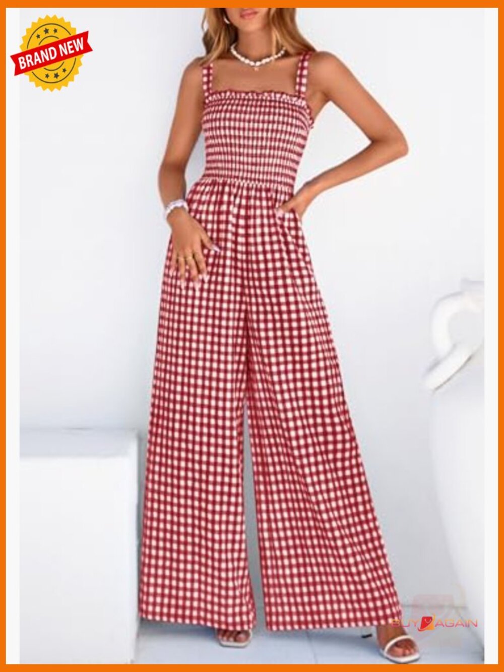 Womens Gingham Jumpsuit Square Neck Smocked Bodice Wide Leg Romper - Picture 3 of 7